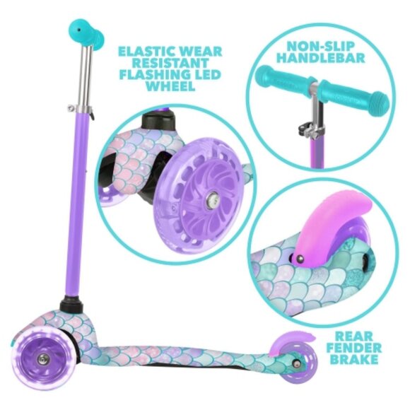 Rugged Racer Mini Deluxe 3 Wheel Scooter With LED Lights, Mermaid Design - Picture 1 of 3